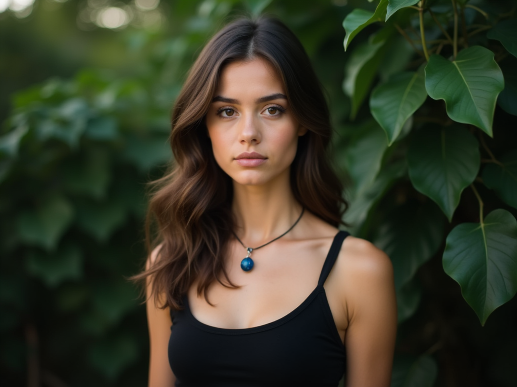 The image is a portrait of a young woman standing in front of a background of green leaves. She is wearing a black tank top and a necklace with a blue pendant. Her hair is styled in loose waves and she is looking directly at the camera with a serious expression. The lighting is soft and natural, creating a dreamy and ethereal atmosphere. The overall mood of the image is peaceful and serene.