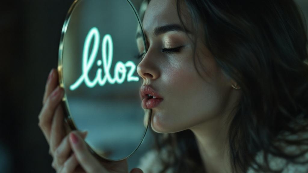 a woman kissing a mirror written on it "liloz"