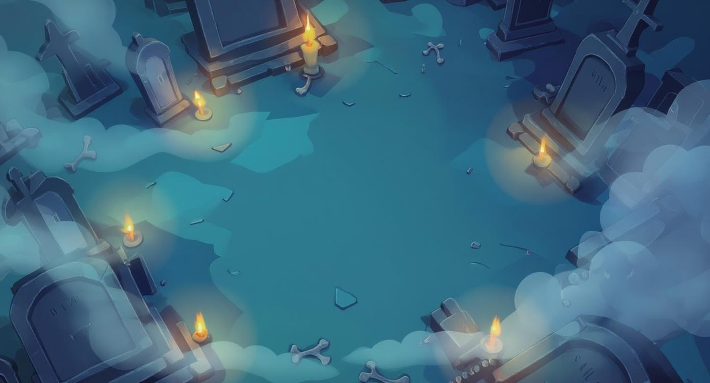background, top view, cemetery, graves, fog, candles, skulls, bones, 2d stylization, casual graphics
