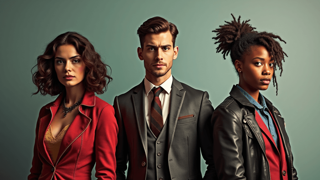 Three different cool super characters stand next to each other with a confident look, photography, realism