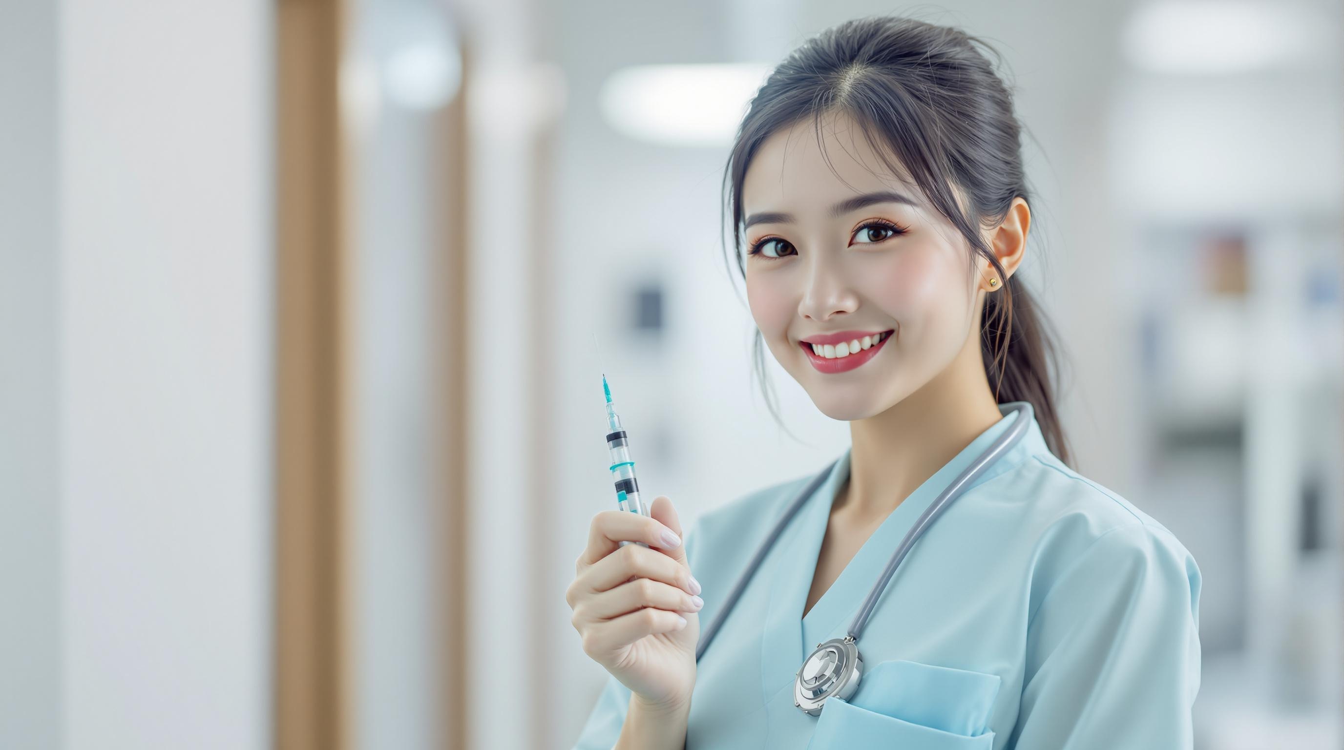 a beautiful chinese nurse, standing 3 meters away, smiles at the camera, holding injector in hand