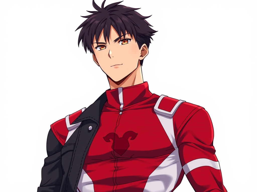Kyo is tall, muscular and athletic, reflecting his leadership spirit and courage. He has short, dark hair, usually a little messy, and intense brown eyes that show determination. He usually dresses casually, with dark tones and a leather jacket that matches his somewhat rebellious style. Now he is wearing a power ranger outfit, in deep red color, with white shoulder pads, symbol of the constellation of Aries on the chest and without a helmet. White background Anime. CLAMP style