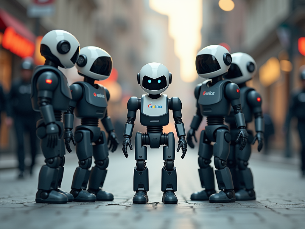 Police robots encircling a smaller Google robot
