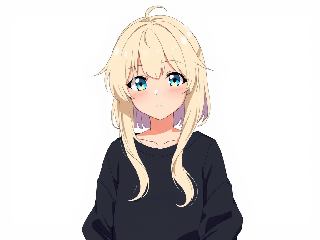 Sora is delicate, with platinum blonde hair and light blue eyes that convey kindness and sensitivity. Her skin is fair, and she prefers clothes in soft, flowing tones that reflect her dreamy character. She often wears accessories with references to the sea and the sky, creating an ethereal and calm image. Now she is wearing a black sweatshirt, with her body facing forward, looking straight ahead. White background. Anime. CLAMP style