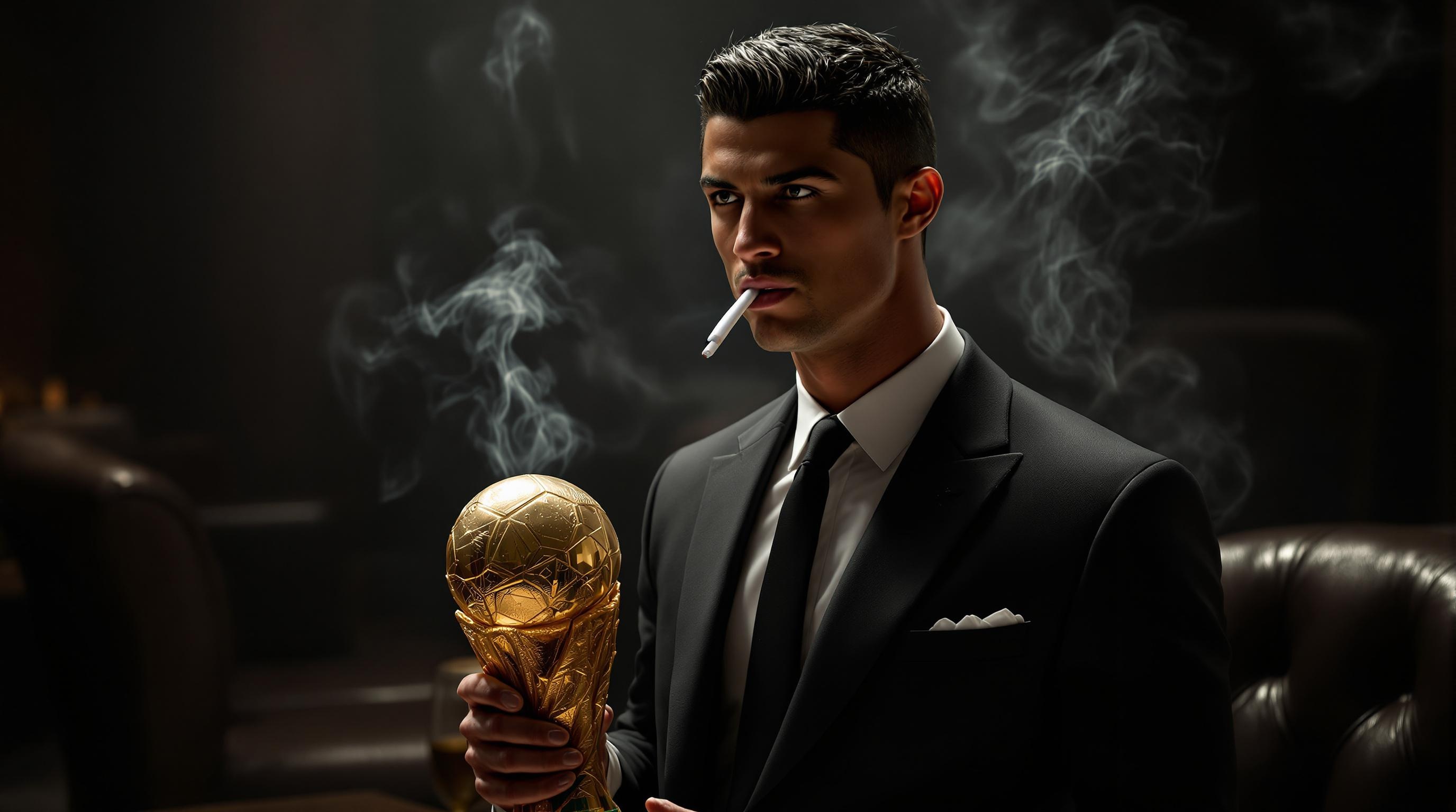 A realistic depiction of Cristiano Ronaldo with a chiseled jawline and neatly styled dark hair, smoking a cigarette while holding the golden FIFA World Cup trophy. Cristiano ronaldo is dressed in a sleek black suit with a crisp white shirt and a black tie, standing in a dimly lit luxurious lounge. The golden World Cup trophy shines brightly in his hand, contrasting with the dark ambiance. Smoke swirls gently around him, adding a dramatic and intense atmosphere to the scene. The background features leather chairs and a wooden table with a glass of wine, completing the sophisticated setting