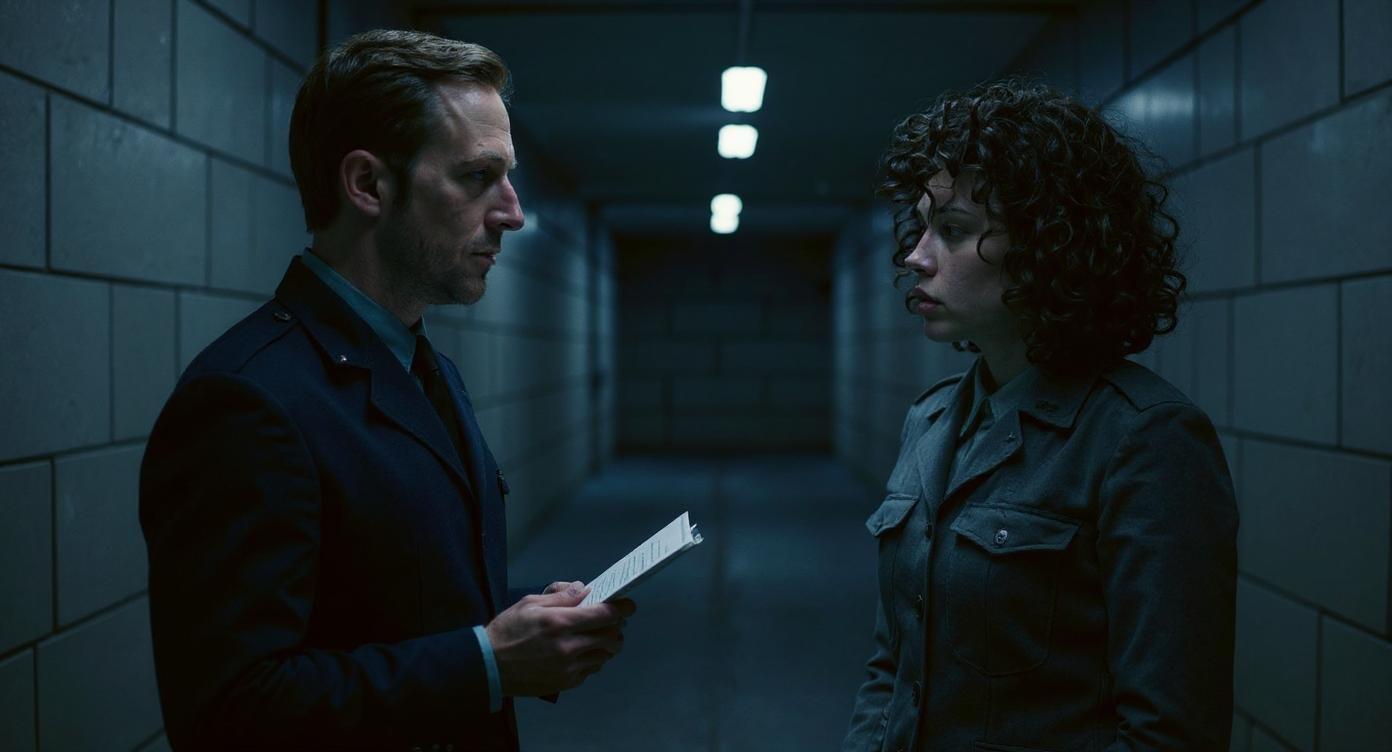 Combine both characters into single conversation scene in corridor. Winston (man with light brown hair) positioned on left side of frame, Julia (woman with dark curly hair) positioned on right side of frame. **16:9 widescreen cinematic format**, medium shot showing both from waist up during workplace conversation. Both characters facing each other in professional dialogue, Winston holding document in hand, Julia listening attentively. Same cold blue lighting for both characters, concrete corridor background, harsh fluorescent lighting creating dramatic atmosphere. **FREEZING BLUE FILTER**, **HEAVY BLUE CAST**, **ICY COLD BLUE AMBIENT LIGHT** 3400K temperature, maintain same grey and blue uniforms for both characters. **"The Boys" COLD CINEMATOGRAPHY** style, professional workplace meeting scene with oppressive cold atmosphere. Distance between characters approximately 1.5 meters for conversation, both maintaining professional postures during confidential discussion.