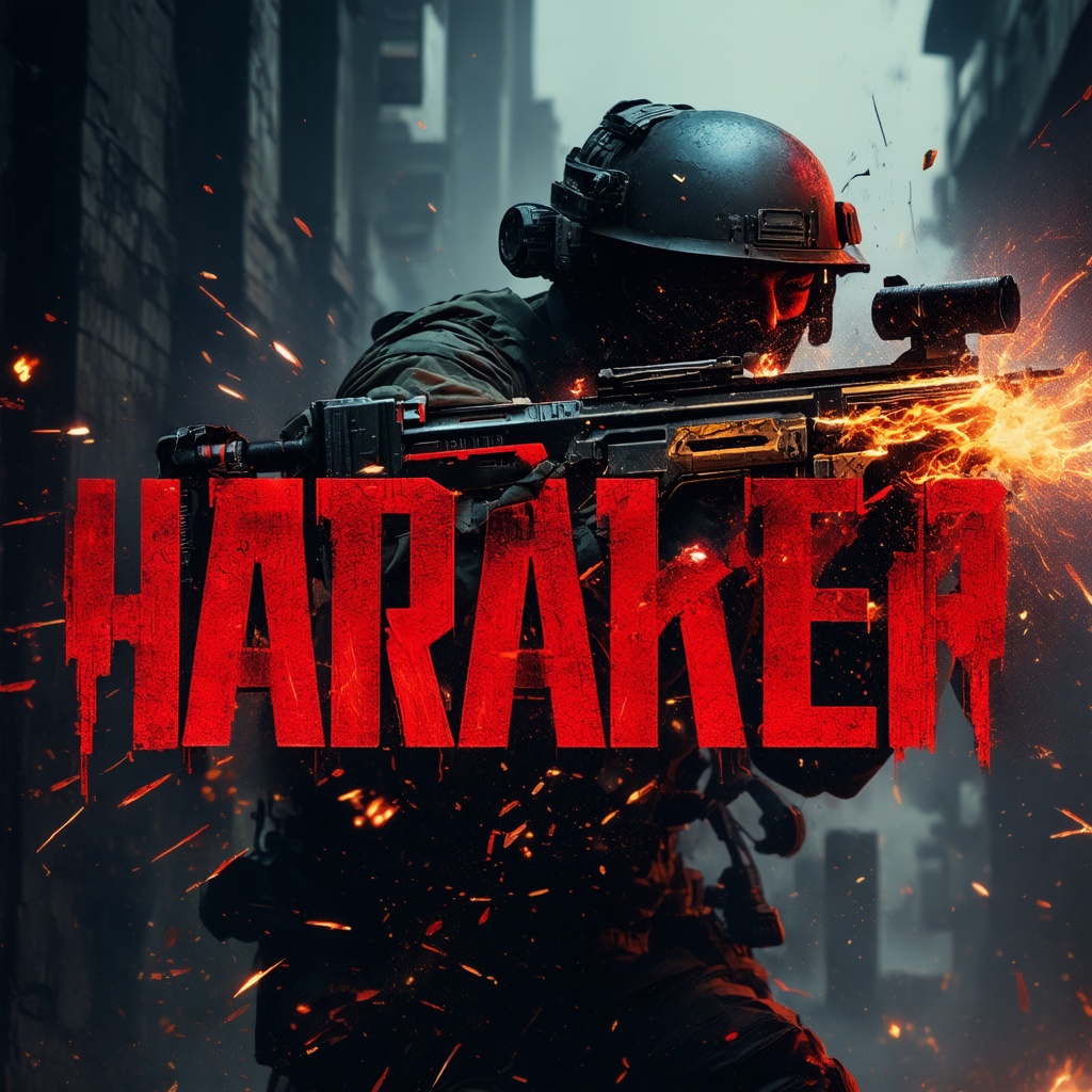 A dynamic and action-packed game logo featuring bold, futuristic typography with metallic and blood-red accents. a subtle silhouette of a soldier holding a rifle and aiming forward is integrated, surrounded by dramatic sparks, smoke, and glowing bullet trails. The background is dark and moody, with faint urban warzone elements like cracked walls and explosions. The overall style is gritty, modern, and impactful, conveying the energy of an FPS game, modernism art.