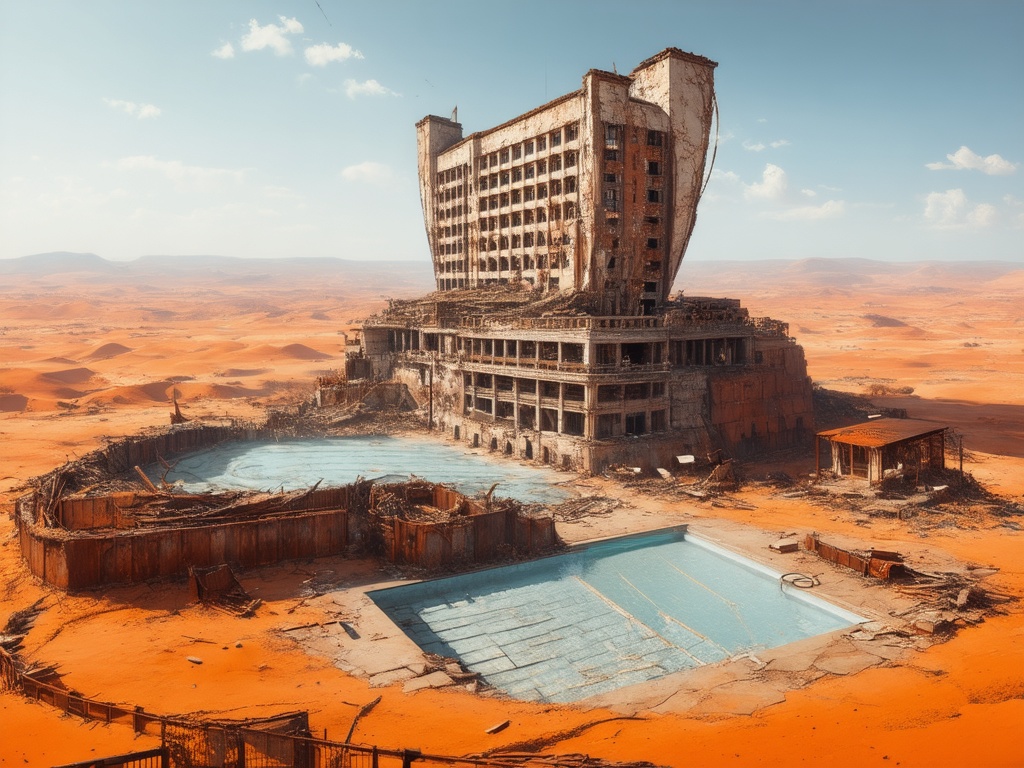 A high-resolution aerial view, in the style of a hyperrealistic painting, depicts a colossal, sail-shaped with sharp roof, 20-floored abandoned hotel of weathered white brick atop an immense orange sandstone plateau, its cracked facade and decaying balconies hinting at forgotten grandeur.  A broken, grey, empty swimming pool lies nearby, encircled by a rusty, partially collapsed fence.  The vast, undulating orange desert stretches to a clear blue horizon, evoking isolation and desolation.
