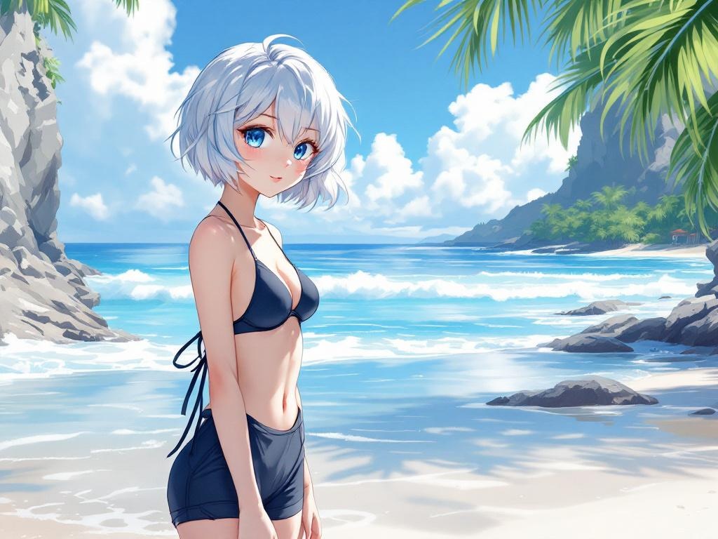 A girl with blue eyes and short white hair stands on the beach in a black short swimsuit 