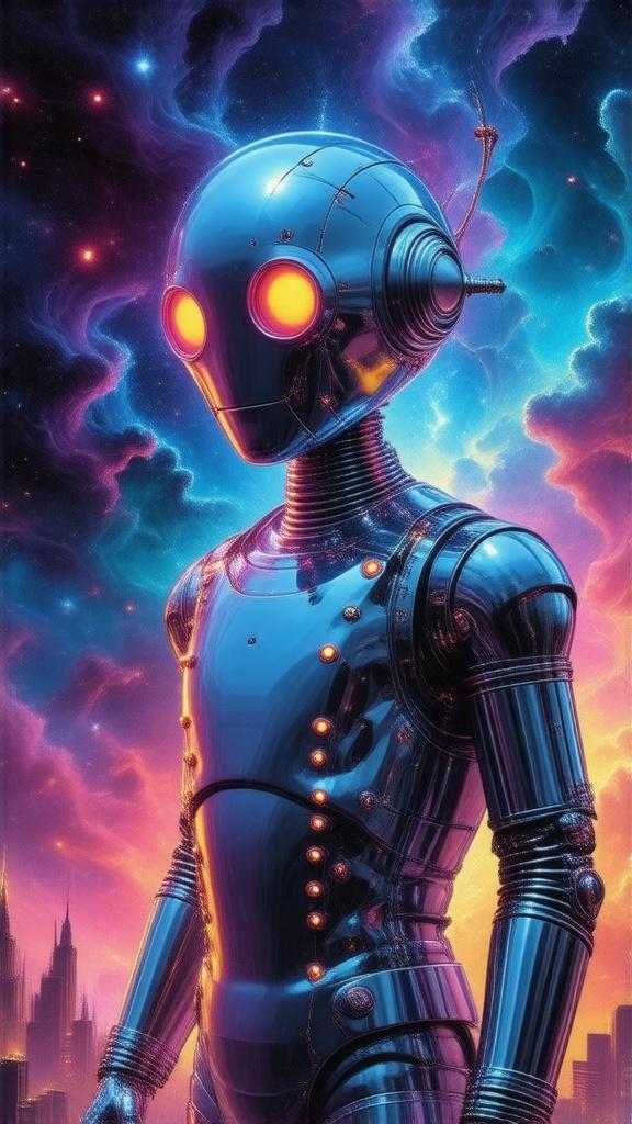 A chrome automaton, 80s-style airbrushed, stands amidst swirling nebulae; its multifaceted eyes gleam with an eerie, neon glow, reflecting a chaotic cityscape in the background, evoking a sense of futuristic dystopia.  The scene is rendered in a vibrant, chaotic airbrush style, reminiscent of Syd Mead's designs, with a palpable sense of unease.
