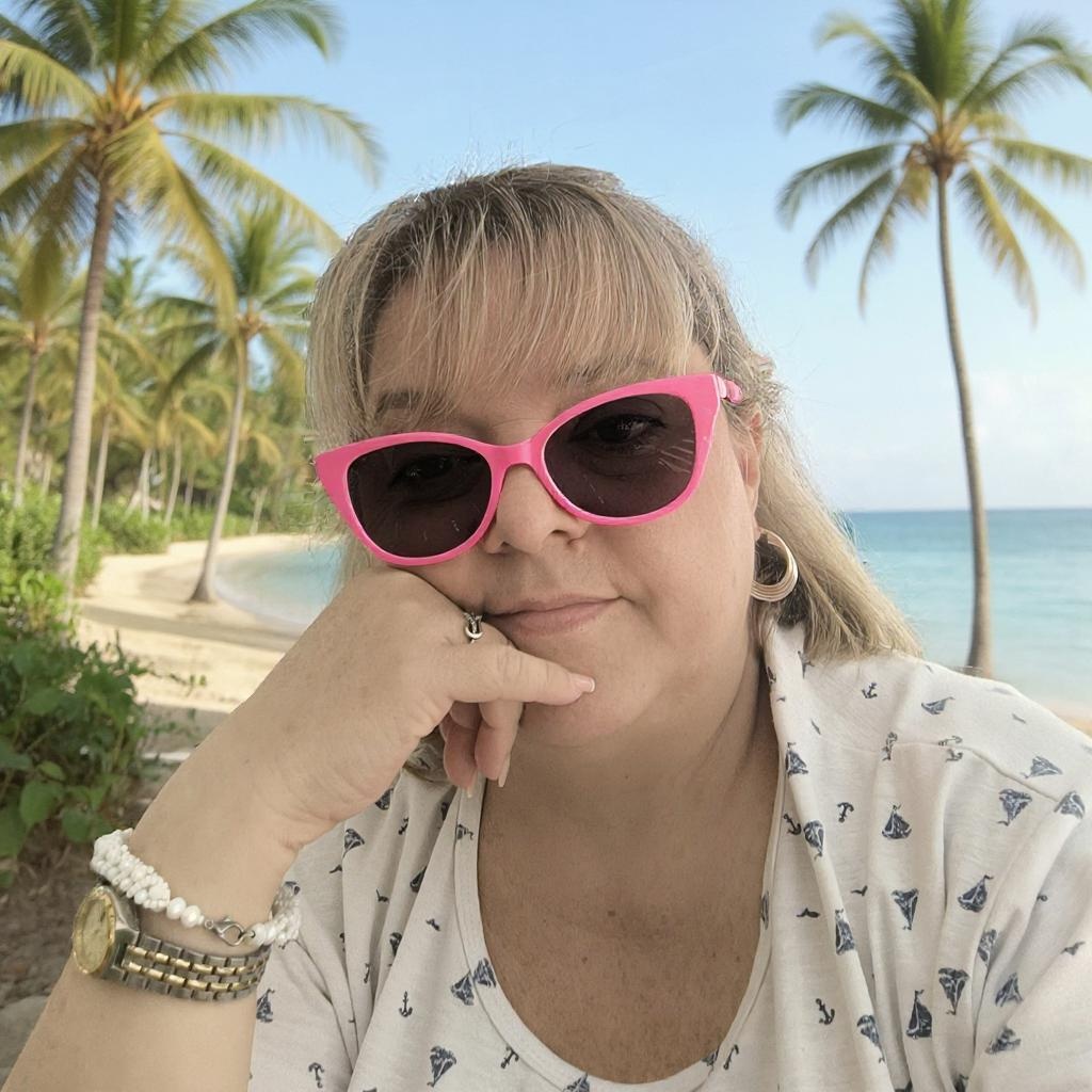 Ponme las gafas color rosa dorada y de fondo un paisaje tropical 