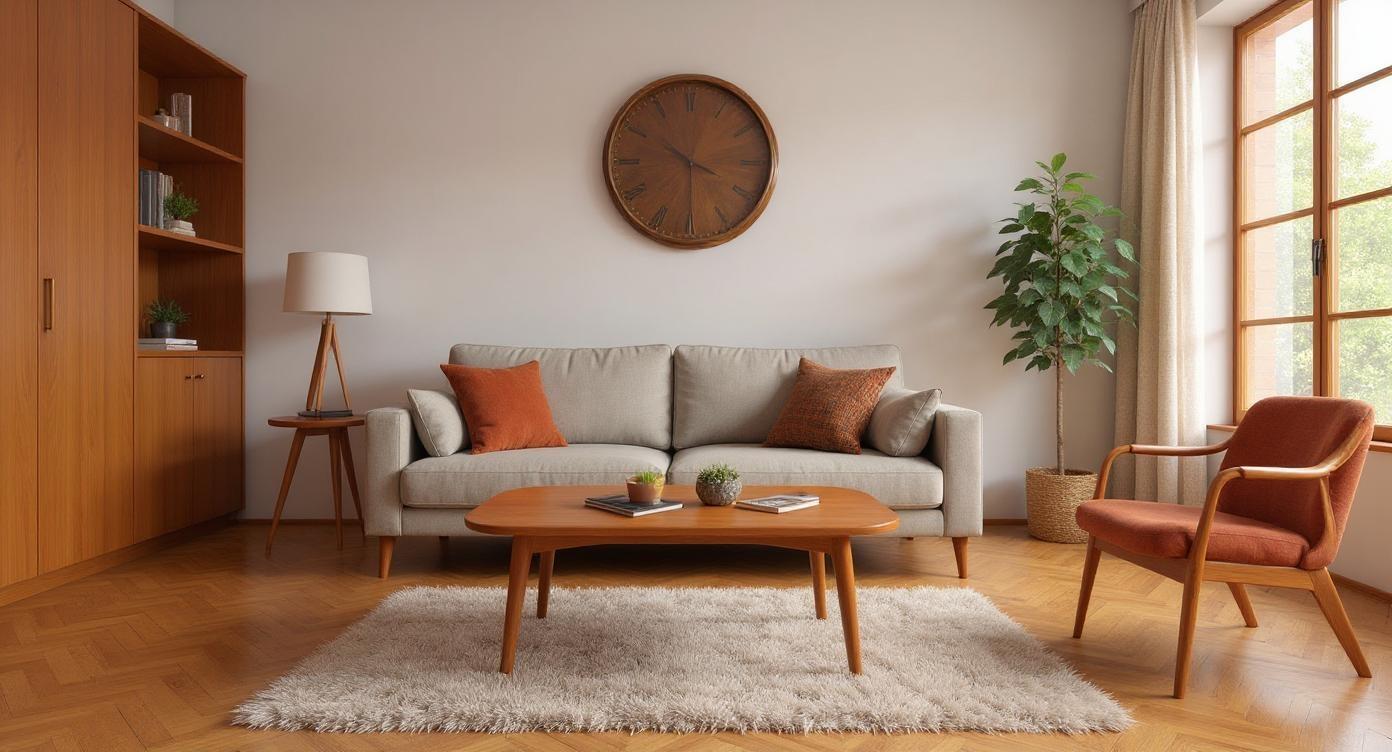 fill up the empty room image with interior from the following instruction

A stylish living room embracing mid-century modern aesthetics featuring a vintage teak coffee table at its center complemented by a classic sunburst clock on the wall and a cozy shag rug underfoot creating a warm and inviting atmosphere