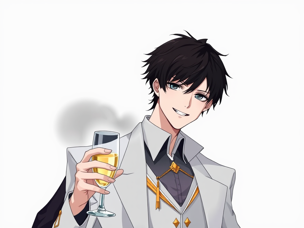 Ren has a mysterious appearance, with short black hair, piercing eyes and pale skin. Tall and thin, he has a reserved and introspective air. He prefers dark-colored clothing and often has a serious expression, revealing a unique depth and intensity.
Now he is wearing the same clothes, but completely white with yellow details, holding a glass of champagne and smiling.
White background. Anime. CLAMP style