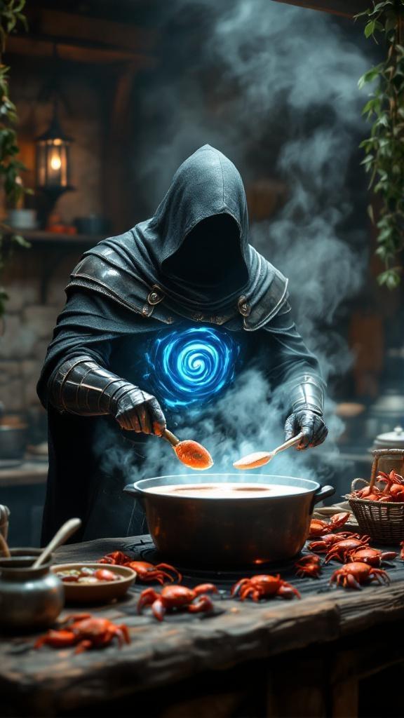 Create a hyper-realistic cinematic scene of the hooded armored figure with the glowing swirling blue energy in his chest. He is in a rustic kitchen, standing at a large iron pot on a wooden stove, stirring crab soup. Steam rises dramatically as red crabs crawl on the counter and one tries to climb out of a basket. The figure’s hood still conceals his face in shadow, but the blue light from his chest reflects off pots, ladles, and stone walls. Dim lanterns and hanging herbs add atmosphere, while the scene balances dark mystique with a humorous undertone of him carefully making crab soup.