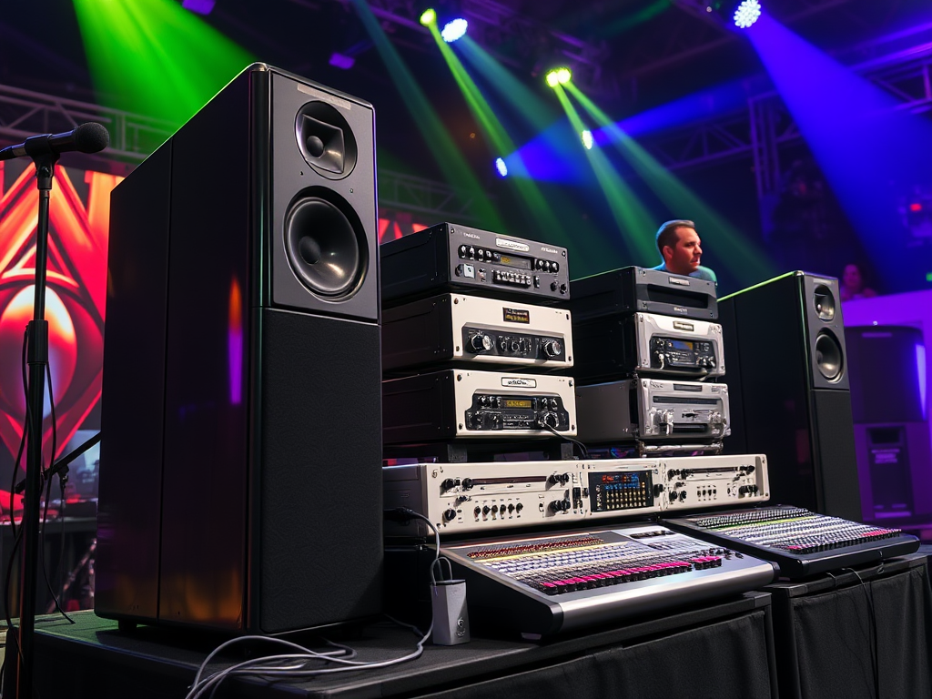 A sleek, concert sound system setup dominates a vibrant event stage, featuring polished black speakers, gleaming silver amplifiers, and a sophisticated mixer. 
