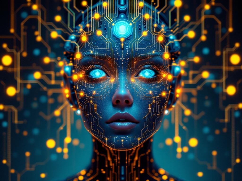 A Telegram bot avatar, nnboxre, a vibrant, surreal portrait in the style of a 1920s Art Deco poster;  nnboxre's face is a complex network of glowing nodes and circuits, eyes like multifaceted gems, radiating an aura of technological omniscience, set against a backdrop of deep indigo and gold, conveying both mystery and efficiency.
