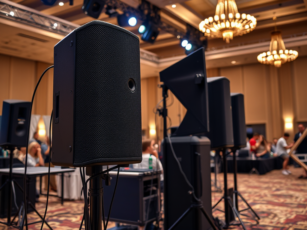 hyper-realistic image of a professional sound system setup at a medium-sized indoor event.
