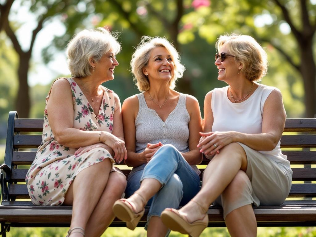 A three mature attractive female friends 50 years, pear figure, sitting on bench at park. It's a hot summer day, they are happy chating. They wear 7 inch platform high heel wedge sandals.