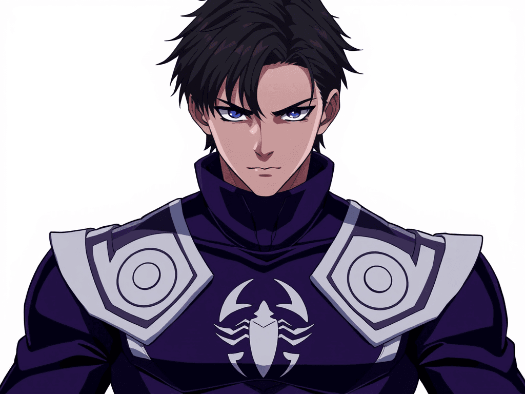 Ren has a mysterious appearance, with short black hair, piercing eyes and pale skin. Tall and thin, he has a reserved and introspective air. He prefers dark-colored clothing and often has a serious expression, revealing a unique depth and intensity. Now he is wearing a power ranger outfit, in deep purple color, with white shoulder pads, symbol of the constellation of Scorpio on the chest and without a helmet. White background Anime. CLAMP style