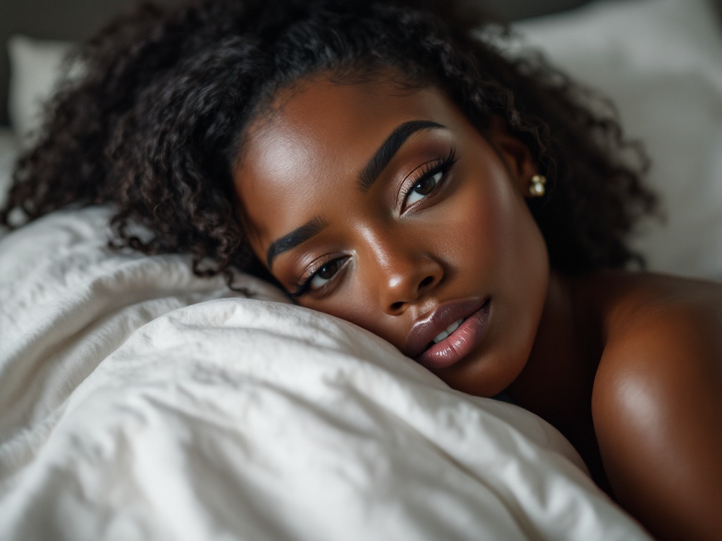 A black woman on her bed who hide her face with her iphone