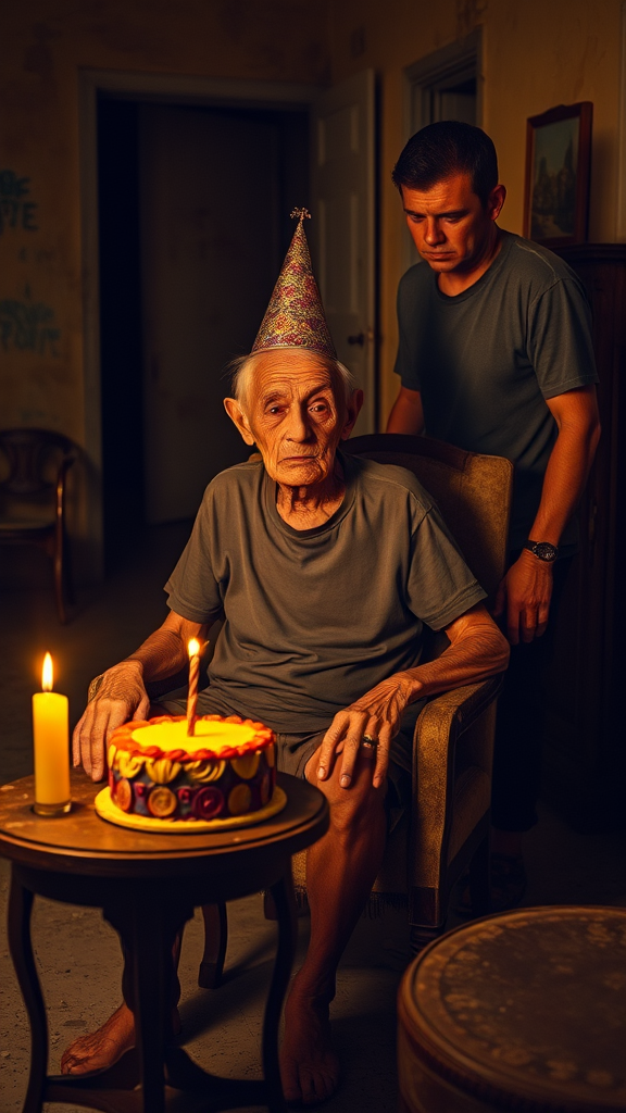 An elderly man, with a frail and delicate appearance, is sitting in an old, worn chair in a room dimly lit by the yellow glow of the candles on the table. He is dressed in a t-shirt and torn pants, reflecting the abandonment and hardships of his life. His deeply wrinkled face, with thin, sagging skin and a tired expression, tells a story full of sadness and suffering. He wears a crooked birthday hat, the festive appearance of which contrasts cruelly with his desolate expression. In front of him, on a small, worn table, sits a small, colorful birthday cake with a lit candle casting flickering shadows on the walls. Next to him is his son standing, looking at him with an angry expression, as if he harbors a deep resentment. The tension between the two is palpable, adding a layer of discomfort to the scene. The surroundings are abandoned, with signs of dirt, worn furniture and peeling walls, reflecting abandonment and loneliness. The yellowish lighting creates a melancholic atmosphere, accentuating the shadows projected on the wall: the frail figure of the elderly man seems cowered in solitude, while the tense presence of the son adds emotional weight to the scene.