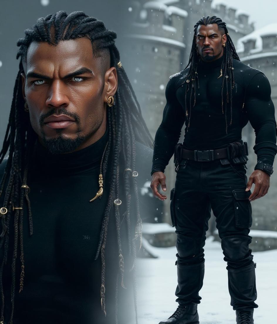 Side by side illustration of a closeup face, and full body character design, of A towering, muscular man with dark skin and a calm, commanding presence. He has long braids decorated with small gold chains woven into the hair, and multiple gold piercings: small hoops and bars in his ears and one in his nose. His face is clean-shaven, with sharp features and focused gray eyes. Without necklaces, Without rings, Without bracelets only piercings and hair accents. He wears a tight, long-sleeved black tactical shirt and rugged combat pants, standing in a snowy courtyard of a fortress. Snow falls lightly. His posture is strong but centered, exuding quiet leadership. Displayed over a clean gradient background from charcoal gray to icy white, portrait and full body styled for realistic 3D fantasy art illustration, focused lighting on facial structure and fabric texture, urban fantasy character reference