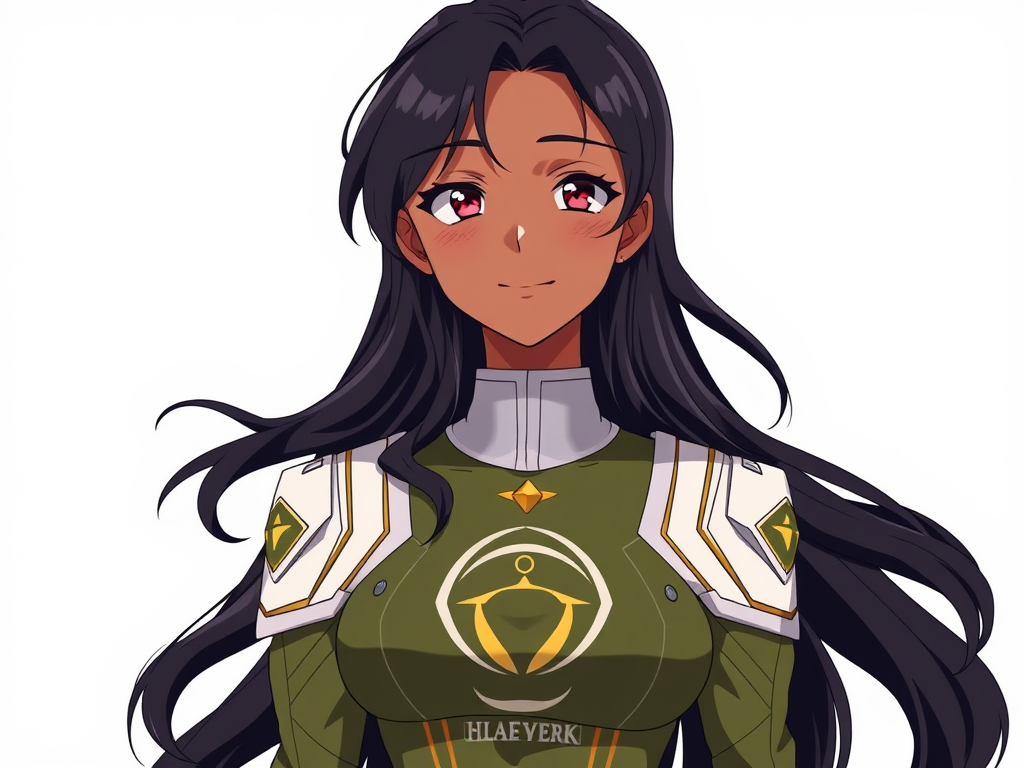 Hinata has a graceful and harmonious appearance, with dark skin and long, wavy black hair. Her smile is contagious, and her light brown eyes convey a sense of peace. She is of average height and dresses in an elegant and modern manner, always combining colors that reflect her balanced and friendly personality.  Now she is wearing a power ranger outfit, in olive green color, with white shoulder pads, symbol of the constellation of Libra on the chest and without a helmet. White background Anime. CLAMP style