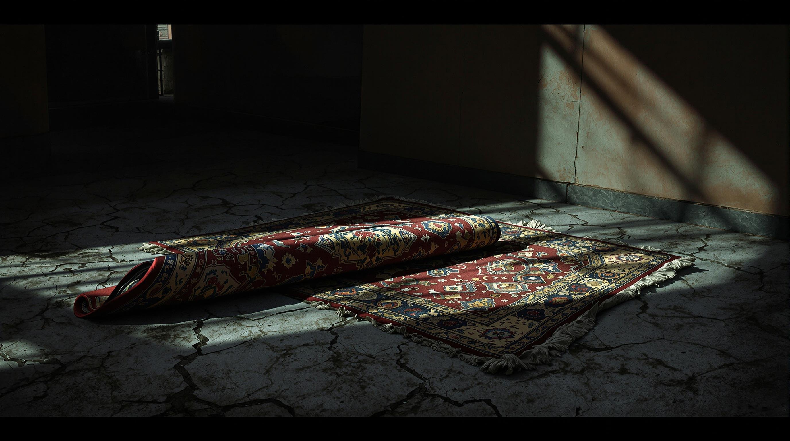 In a dimly lit, post-nuclear house, a half-rolled, tattered carpet lies abandoned on a cracked, dusty floor, its vibrant colors highlights itself. Shadows dance across the walls, evoking a haunting atmosphere of desolation and forgotten memories, whispering stories of a lost civilization.