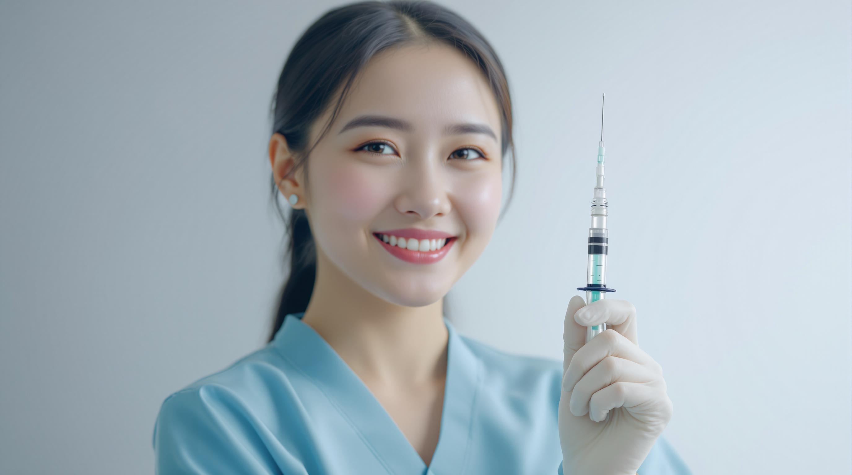 a beautiful chinese nurse, standing 3 meters away, smiles at the camera, holding injector in hand
