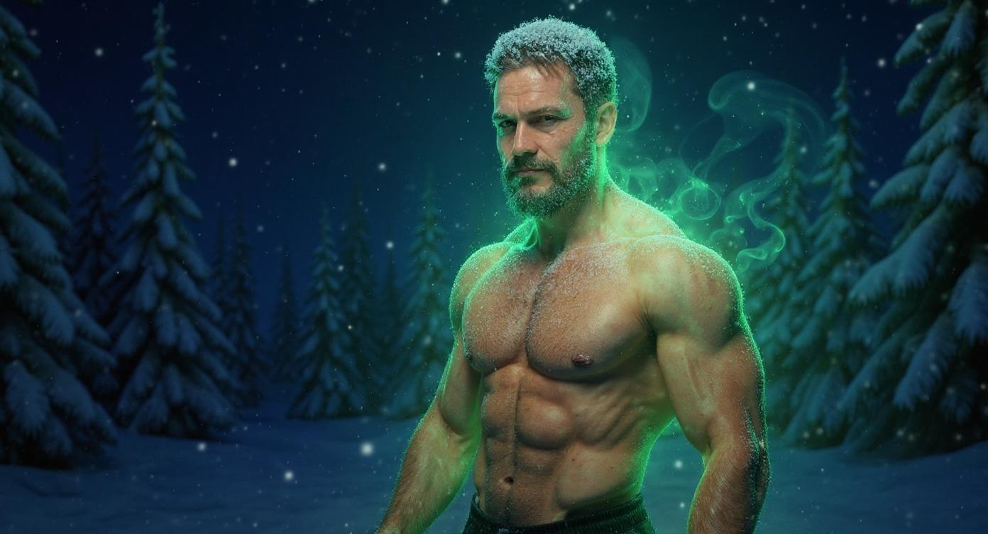 A fit, lean man is positioned strictly within the right half of the frame, pressed tightly against the right edge. He is shown from the chest up, shirtless, confidently flexing his bicep with his arm slightly lowered for a natural, relaxed pose. He is surrounded by a vibrant green glowing aura softly emanating from his body. Wisps of warm vapor rise gently from his skin, adding a misty breath effect that contrasts with the cold environment. The background depicts a winter night forest filled with blue fir trees under a starry sky. Snow gently falls from the sky, with a thick cap of snow resting on his head like a hat and a layer of snow settled on his shoulders, enhancing the cold, serene atmosphere. The dark, snowy setting contrasts beautifully with the bright green aura around the man. The scene features sharp, high-contrast lighting that highlights his muscle tone and facial features. The composition is bold, dynamic, and designed as an eye-catching YouTube thumbnail.