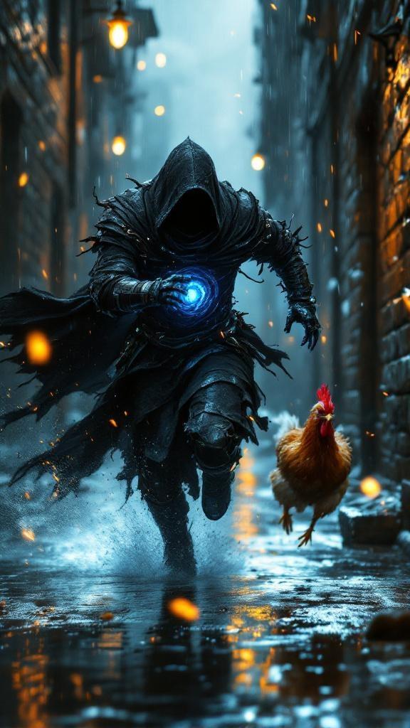A hyper-realistic cinematic scene of a dark, hooded warrior clad in tattered black armor, his glowing blue energy core swirling violently in his chest as he dashes down a narrow, rain-slick alley. Sparks from the dim, flickering light bulbs above scatter across the wet stone walls. His heavy cloak trails behind him, torn edges whipping through the air as he runs. His armored boots splash through puddles, sending ripples of light across the alley floor.

Behind him, in surreal contrast, a single chicken charges at full speed — feathers ruffled, beak open in mid-screech, wings flapping with chaotic determination. The absurdity heightens the tension: the ominous warrior, usually feared, glances back in panic as the chicken relentlessly chases him. The camera captures every detail — the glistening raindrops on his armor, the pulsating blue light reflecting off the wet bricks, and the frantic blur of feathers as the chicken closes in.

Ultra-detailed, cinematic lighting, photorealistic textures, dynamic motion blur, dramatic contrast of dark fantasy horror with absurd comedy.