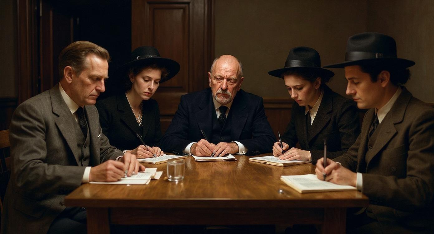Early 1900s historical scene of Gabriele D'Annunzio seated at a wooden table with five other people, men in formal Edwardian suits, women in elegant early 20th-century dresses and hats, engaged in reading and writing. Warm indoor lighting, realistic wooden textures, fine historical details, ultra high resolution, cinematic hyperrealism, natural skin tones, subtle warm color grading, shallow depth of field, photographed with an ARRI Alexa 65, aspect ratio 16:9.

