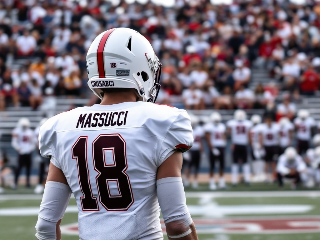 A photo of a high school wide receiver, far away in the photo like you're taking a picture of him on the field and the camera is on the sidelines. Have his number be 18, and his last name MASSUCCI on the backplate, put the team name Crusaders on the jersey, have the jersey and helmet all white, white skin tone, short hair covered by helmet, with his small-sized arms covered by white long sleeves, and have a medium-sized high school crowd sitting on bleachers in the background, and a team on the sideline.