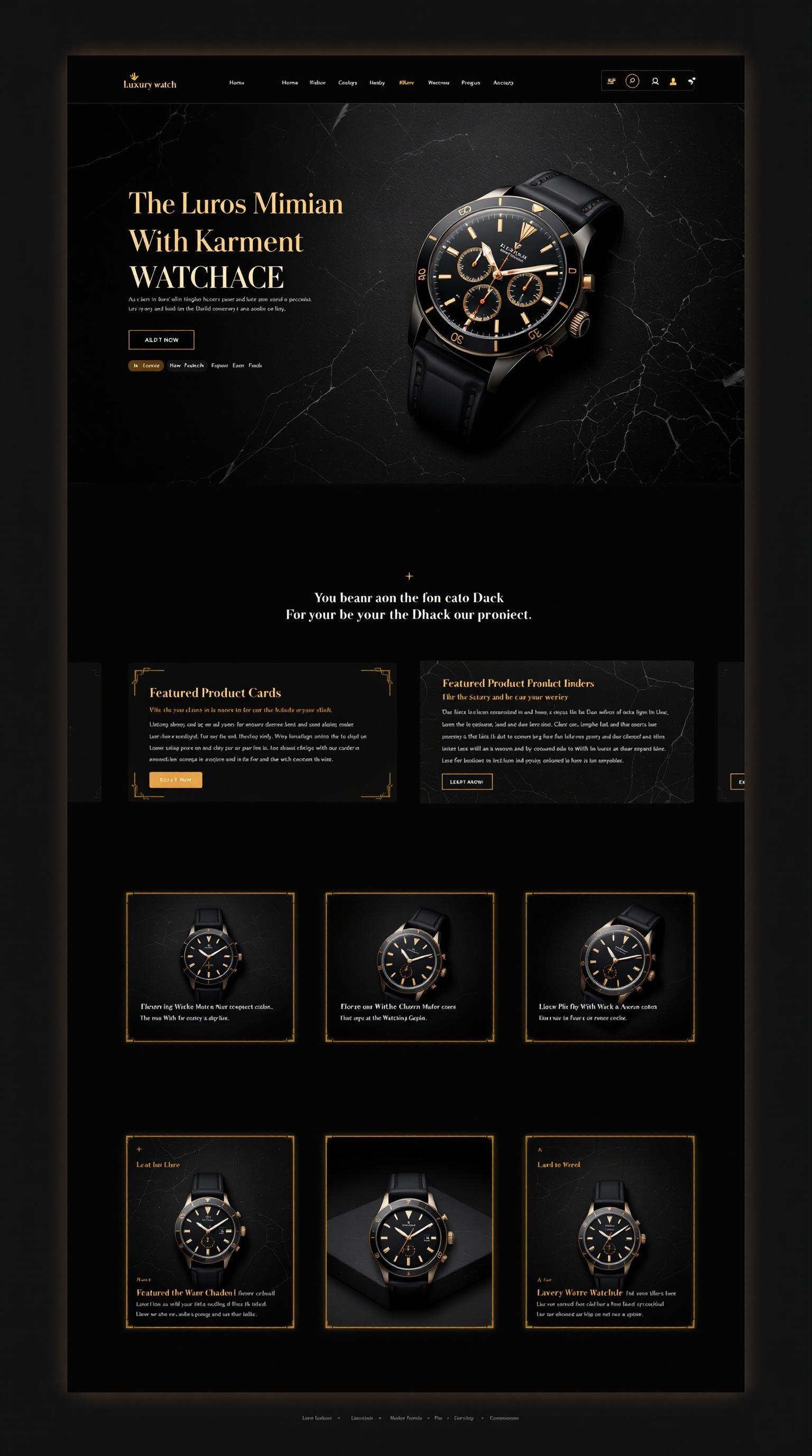 Homepage layout of a luxury watch e-commerce store, dark elegant theme with gold and charcoal accents, hero section featuring a high-end wristwatch on black marble, 4 featured product cards with glowing borders, serif and gold typography, minimal and premium UI, subtle lighting and shadows, sophisticated and masculine aesthetic, web layout mockup --v 5 --ar 16:9

