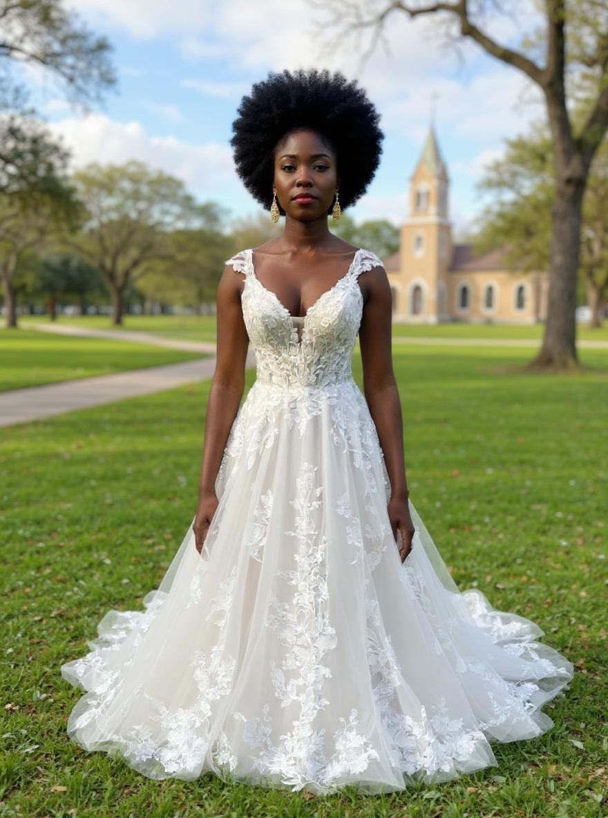 Black 35 years old woman with golden earrings and afro hair in the park near the church in south Louisiana