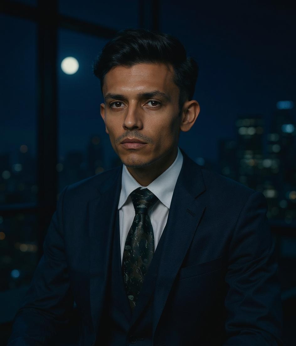 Close-up high resolution and detailed shot, Change the location to a corporate studio, the time to night time under moon-light, make me look like a corporate tech CEO