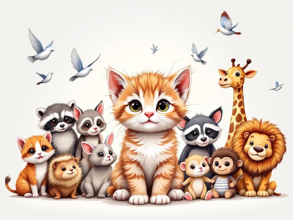 cartoon image of various baby animals including a kitte, puppy, rabbit, raccoon, hedgehog, monkey, highland cow, giraffee, bird and lion. Kitten is front and center and birds are flying overhead.   Image is set on a white background
