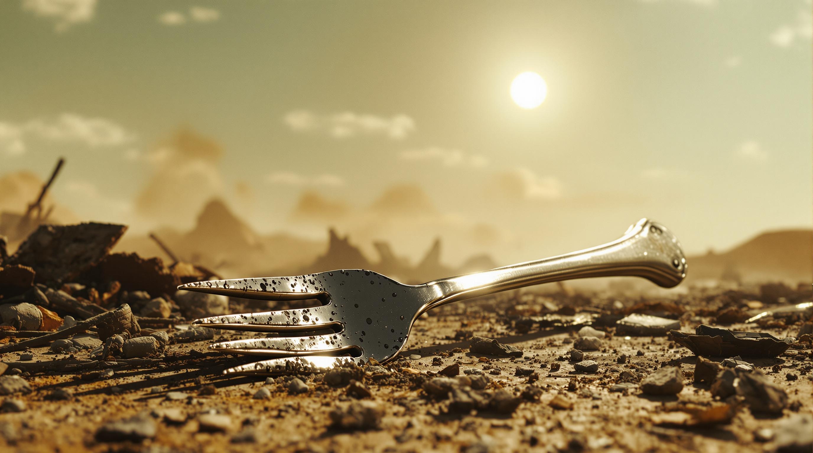 A tarnished four-prong fork lies abandoned in a post-nuclear wasteland, glinting under a harsh, orange sun. Surrounding debris hints at a once-thriving civilization, evoking a sense of loss and survival amidst chaos and decay. Mad Max cinematic style.