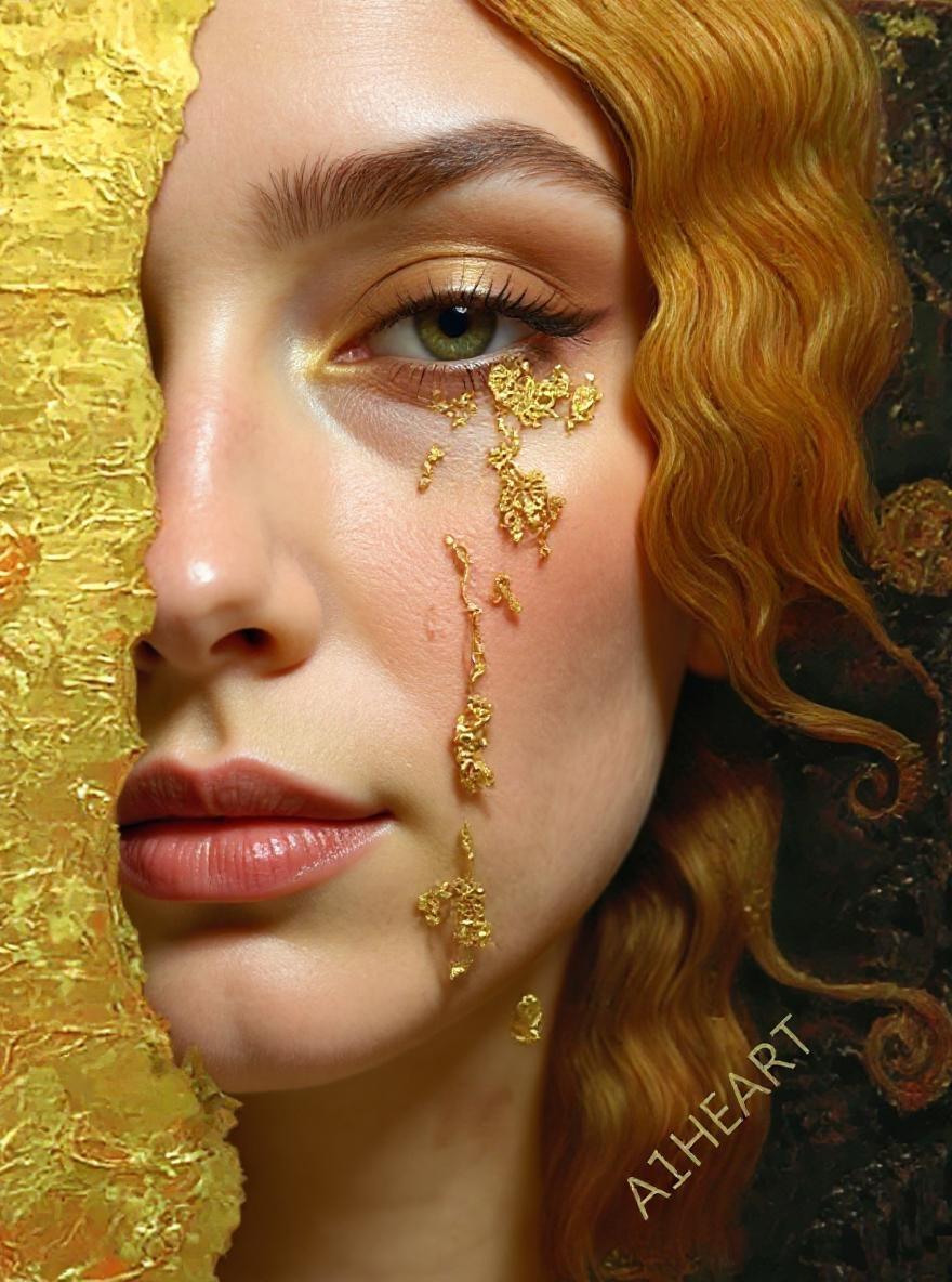 enhace this art image making the yellow colors more like gold and the woman face more realistic