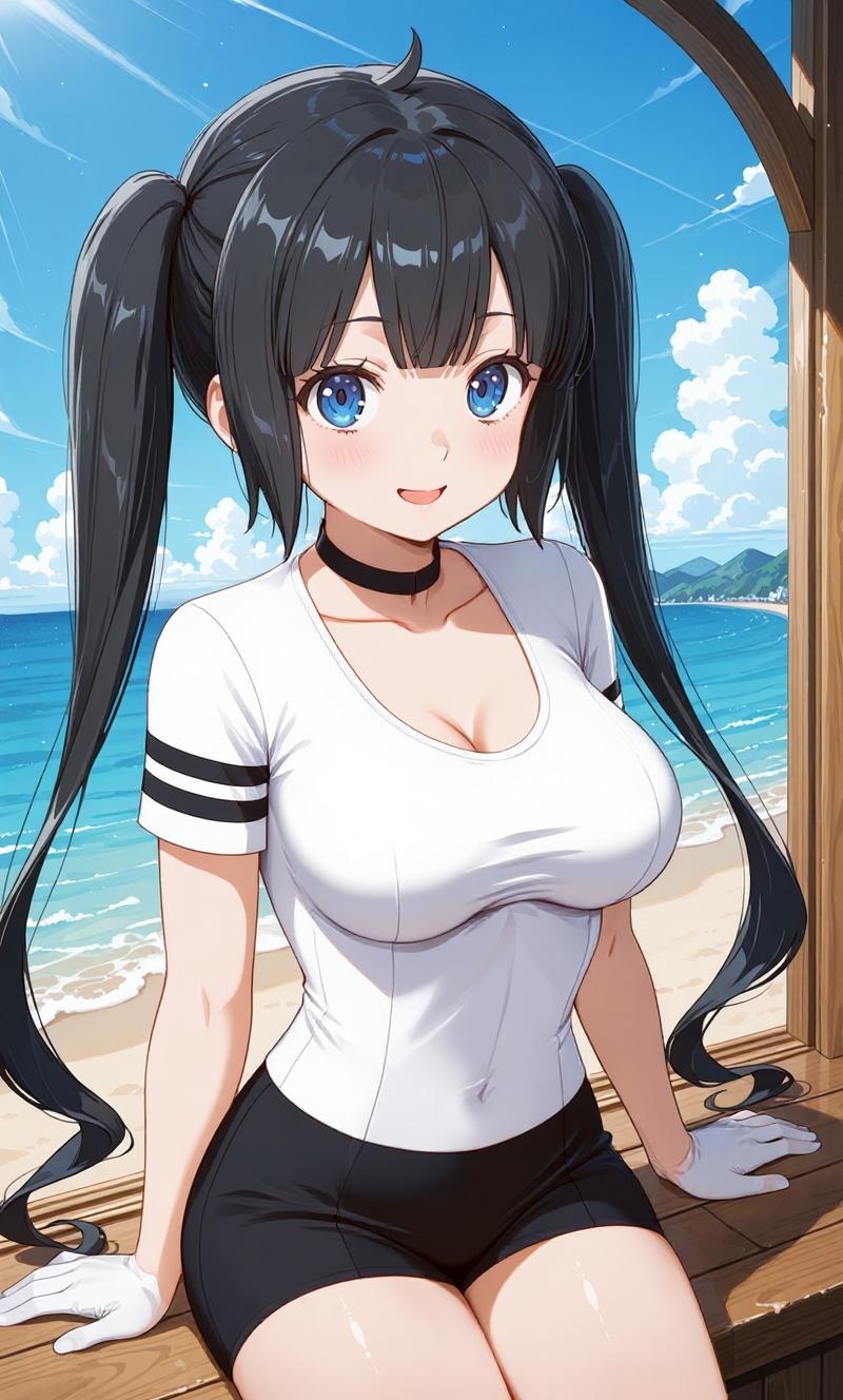 Replace the current outfit with a tight-fitting, fully white shirt that has a black collar and three horizontal black stripes on each sleeve, positioned symmetrically across both shoulders, like a classic football jersey. Add tight black shorts. Do not change anything else in the image — keep the background, body, pose, lighting, and all other elements exactly the same