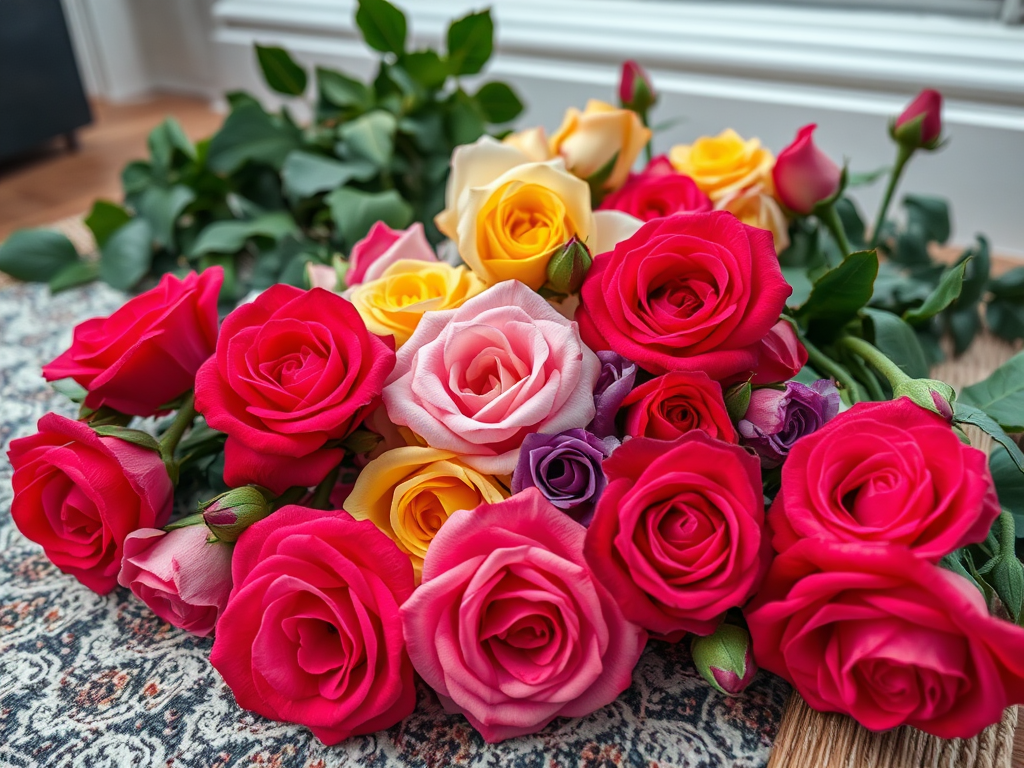 A variety of 🌹 on the floor in a macro view