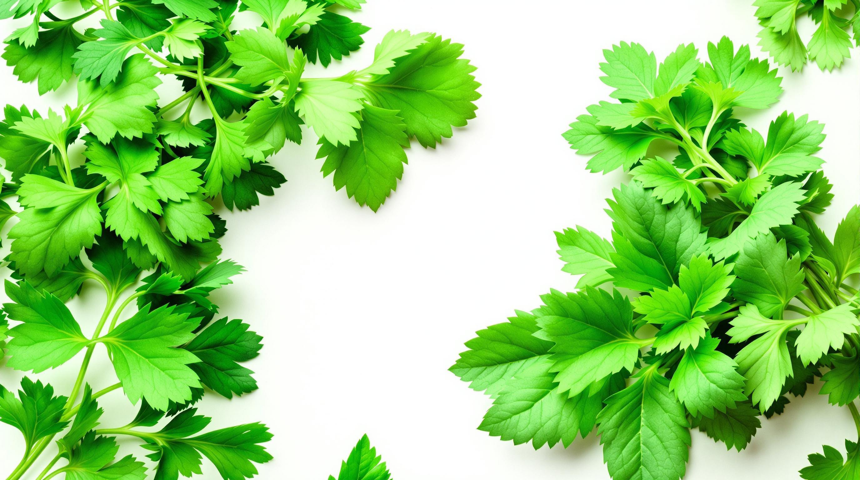 minimal composition with fresh green leafs of herbs such as parsley and basil in a white background
