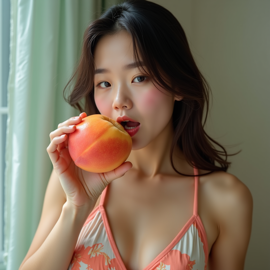asian girl in swimsuit eating big peach, closeup, 4k, high quality