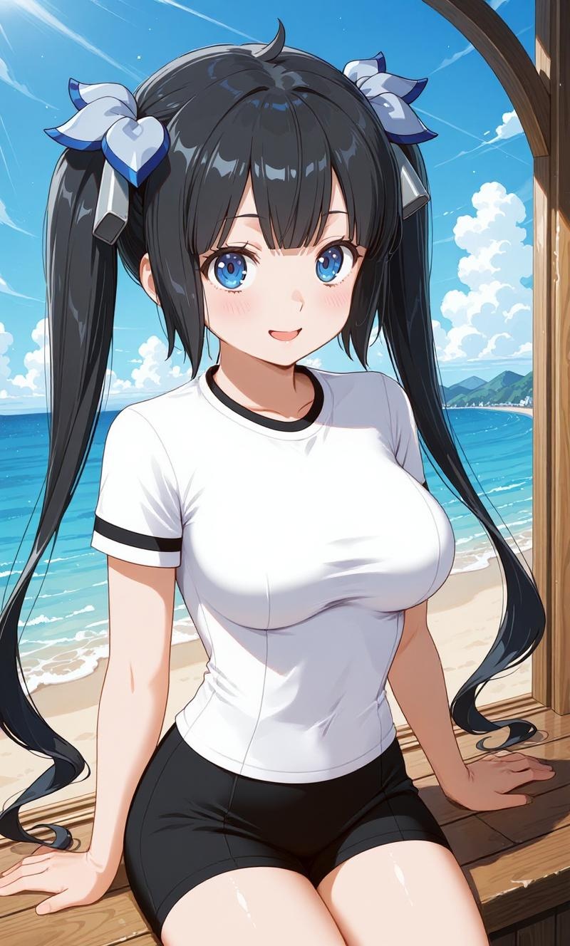 Replace the current outfit with a tight-fitting, fully white football-style shirt with no cleavage or neckline opening. The shirt must have a solid black painted collar and three horizontal black stripes on each sleeve, symmetrically placed across both shoulders, like a classic football jersey. Add tight black shorts. Do not change anything else in the image — keep the background, body, pose, lighting, and all other elements exactly the same