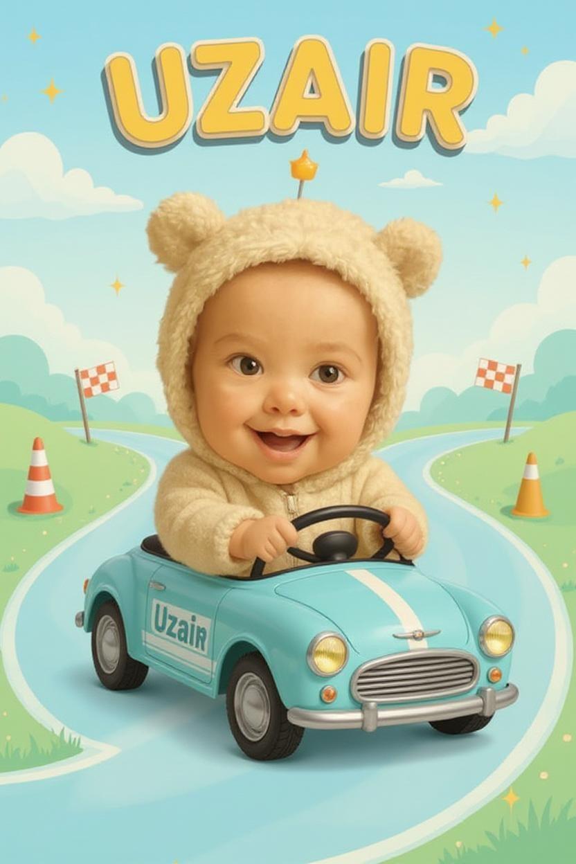 Create a cute and playful birthday poster for a baby boy named Uzair with a “Two Fast” racing theme. The scene shows a chubby-cheeked baby happily driving a small, cartoon-style race car inspired by the “Fast” concept — the car should have fun racing stripes, a shiny chrome bumper, and a tiny siren or flashing light on top to add a subtle “ambulance” element. The car should have the name “Uzair” clearly displayed on the door or hood. The background features a winding pastel racetrack with checkered flags, traffic cones, and soft clouds. Use bright, cheerful colors like baby blue, mint green, and soft yellow to create a fun and dreamy vibe. The baby’s hands should hold the steering wheel and look excited. Add subtle sparkles and stars around to make it festive. Leave enough clean space around the main scene for text if needed. High-resolution and suitable for printing as a birthday poster.