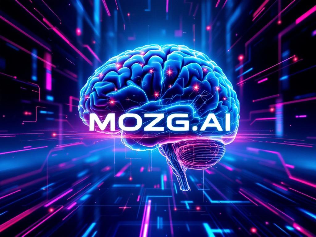  massive, hyper-detailed brain floating in the center of the composition, pulsating with energy and intelligence. The brain has a futuristic, high-tech texture with glowing neural connections and subtle electric currents running across its surface. The background is a sleek, cyberpunk-inspired digital landscape—deep blues, neon pinks, and electric purples blending into a mesmerizing, high-tech atmosphere. Abstract data streams, glowing circuits, and holographic elements subtly interact with the brain, reinforcing the theme of artificial intelligence. The bold, futuristic text ‘MOZG.AI’ is seamlessly integrated into the scene, appearing as a holographic projection or embedded within the digital background. The overall aesthetic is modern, stylish, and visually striking, evoking a sense of advanced AI intelligence and innovation