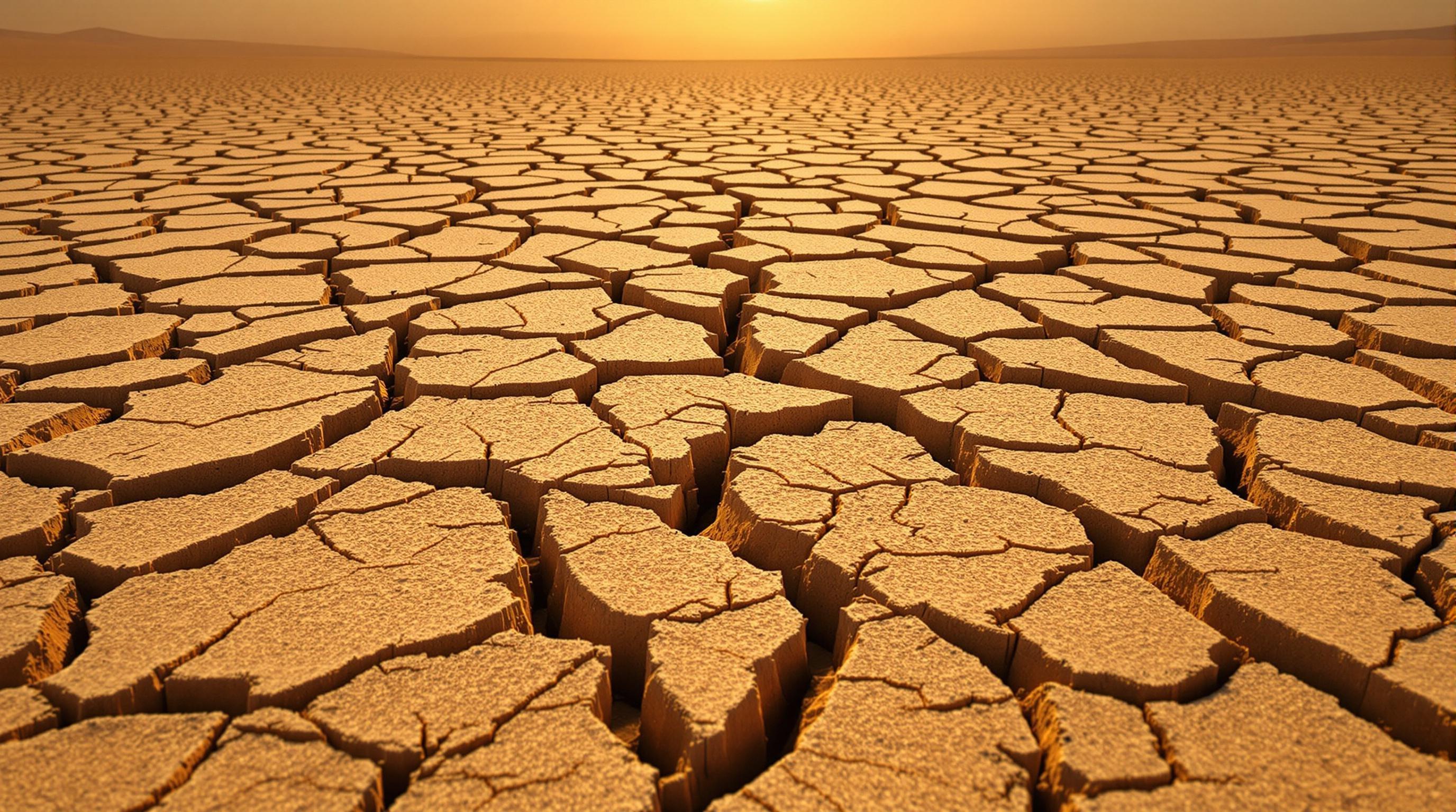 Desert ground scorched by extreme drought. Deep cracks run through the dry, dusty earth, forming an intricate web of broken patterns. The soil is parched and lifeless, with no vegetation in sight. The air shimmers with heat, and the horizon fades into a hazy, arid emptiness. Harsh, unforgiving environment under a blazing sun.