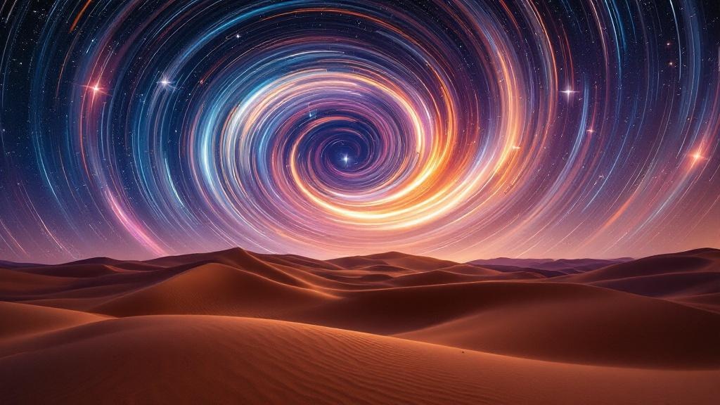 Make me a picture of dunes in front of swirling spinning, beautiful stars, with beautiful colors. Like it was captured in a movie.