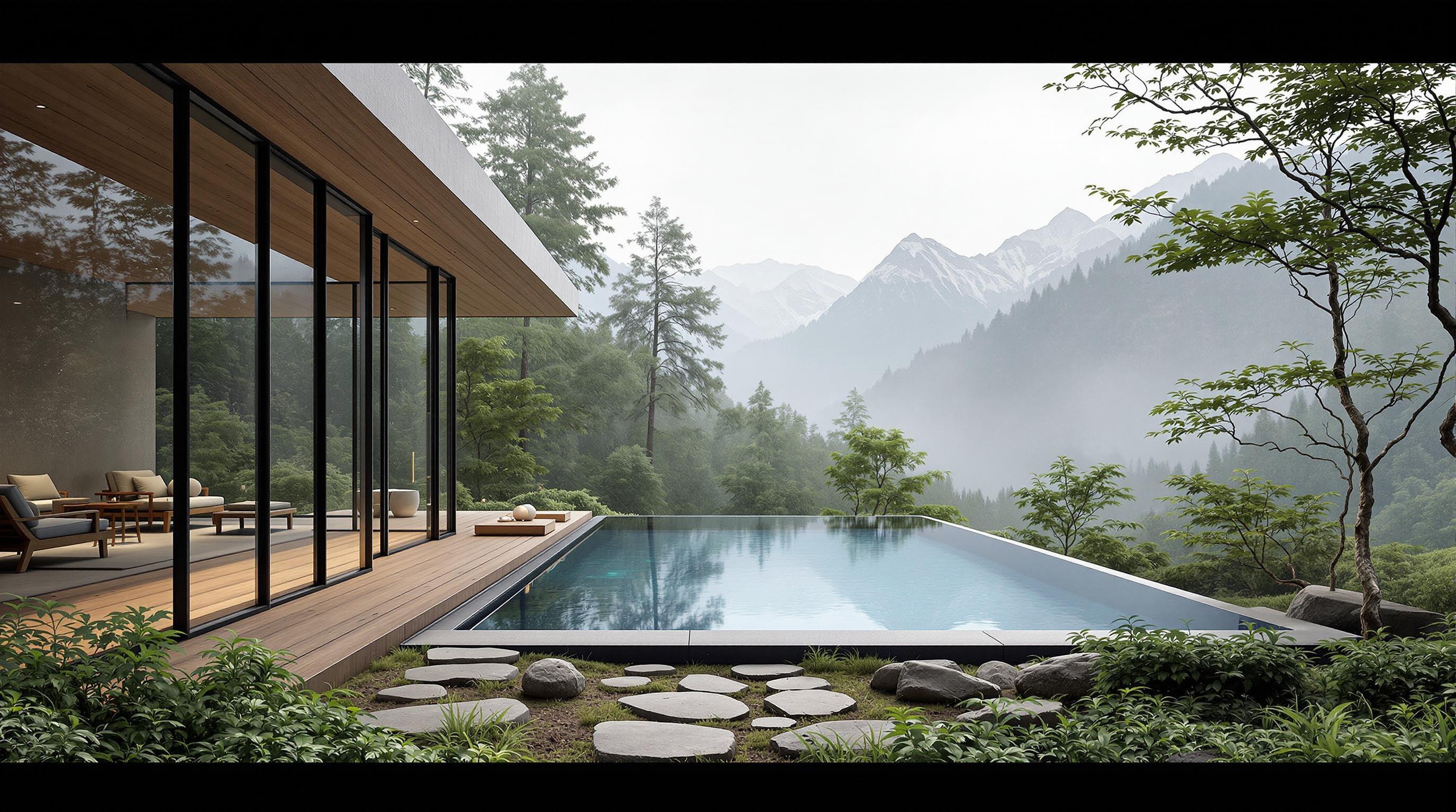 Create a picture of "Modern luxury spa retreat surrounded by forest, floor-to-ceiling windows, infinity pool overlooking mountains, zen garden with stone pathways, minimalist wooden furniture, soft natural lighting, misty atmosphere, ultra-detailed 3D rendering, architectural digest style"