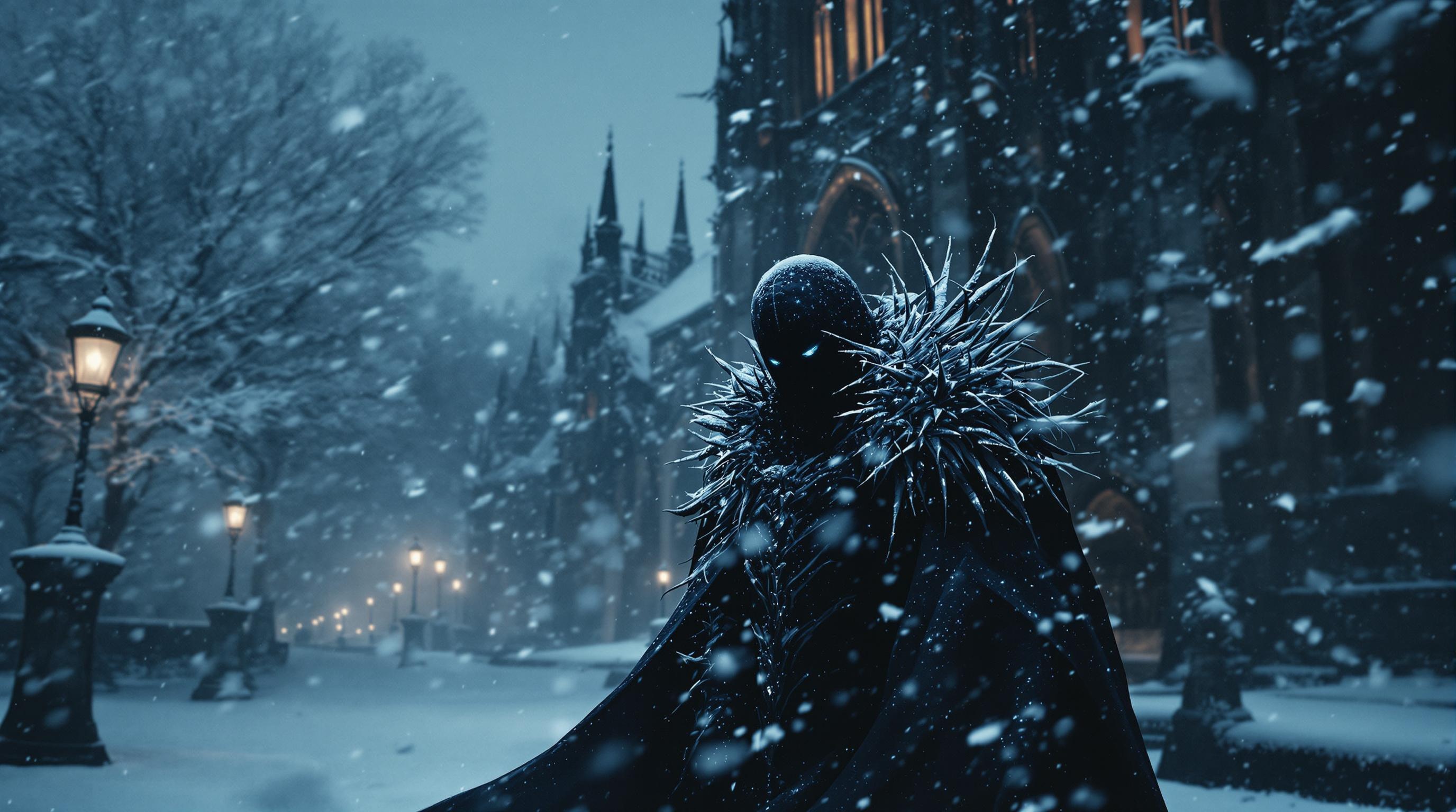 A hauntingly beautiful portrait of guts fromberserk,  amidst a snow-covered landscape. The scene unfolds at night, with snowflakes gently falling, illuminated solely by the flickering candlelight of Cologne Cathedral, creating a chilling gothic atmosphere. The blizzard swirls around, enhancing the eerie mood, while the intricate details of the cathedral's architecture loom in the background, casting long shadows. The contrast of the dark figure against the white snow evokes a sense of dread and beauty, merging horror with elegance in this breathtaking, cinematic composition.